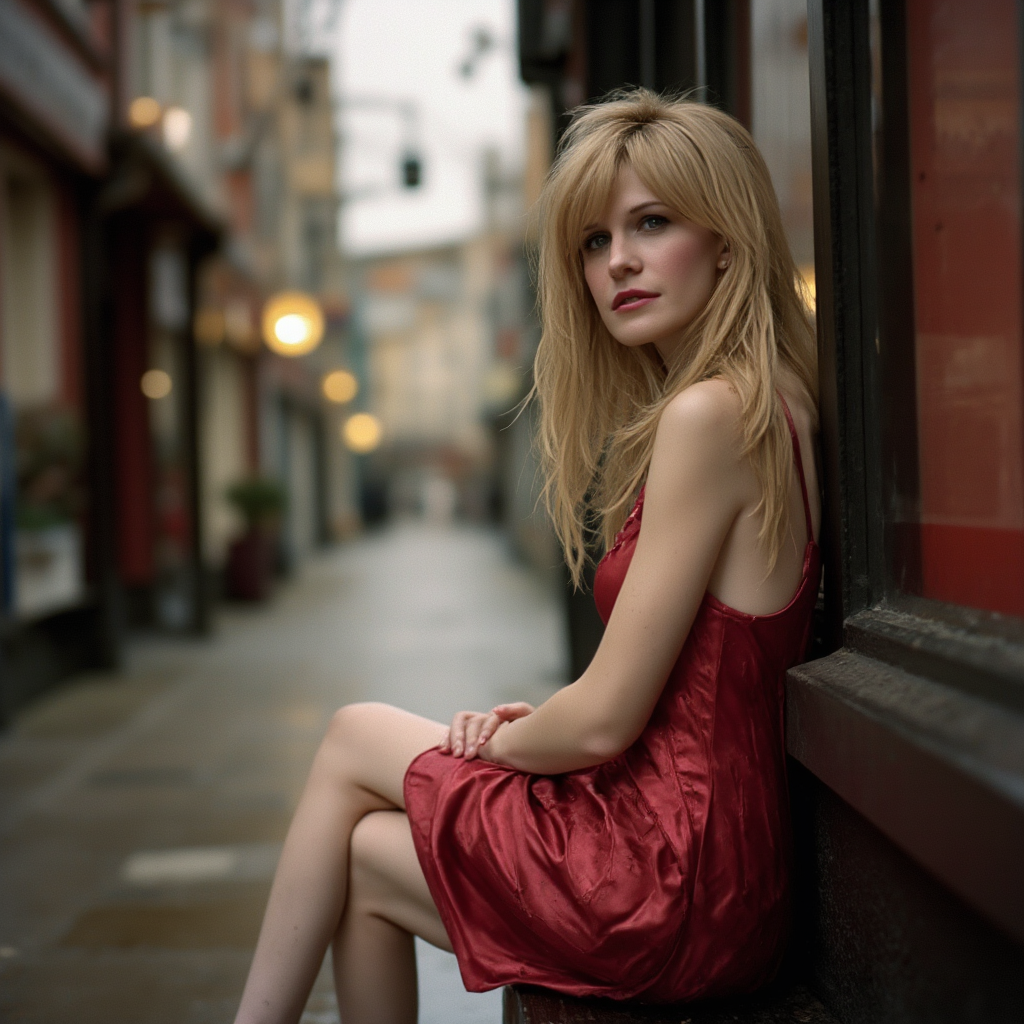 Mikki Tyburn in an alley - cute little red dress